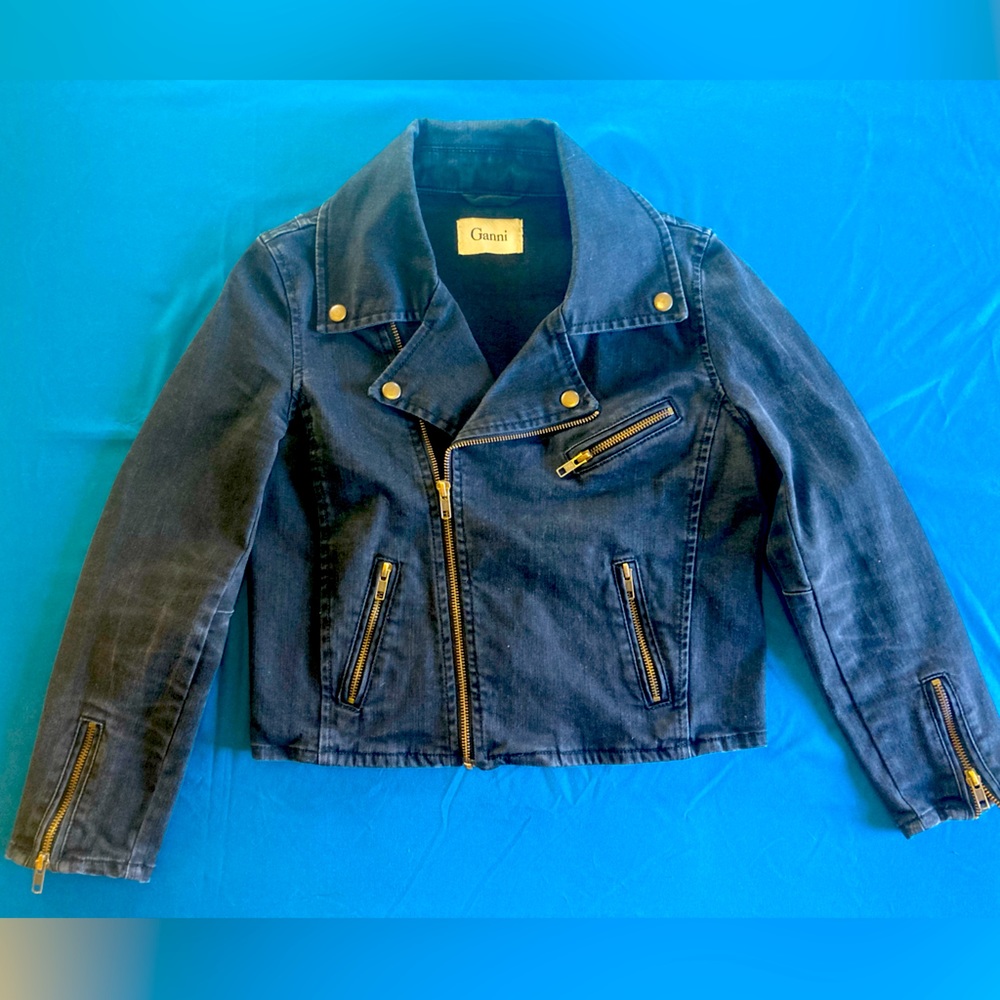 Ganni Cropped Black Denim Motorcycle Jacket, Size Small/Medium